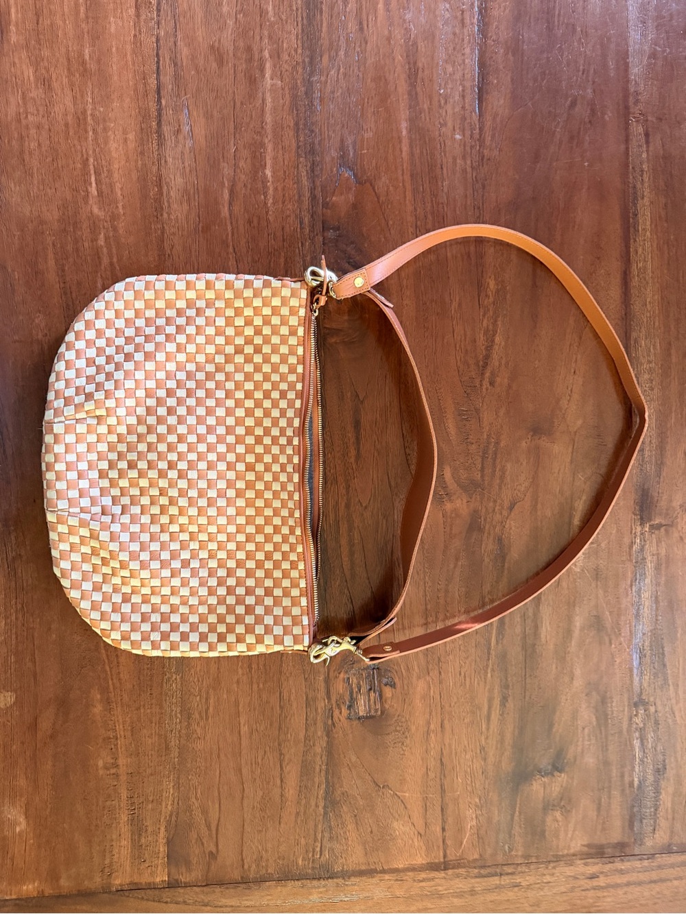 Clare V Woven Checker Crossbody in Tan and Cream